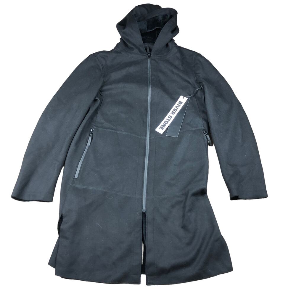 RIVER STONE Coat Black Front Zip With Hood Men's Medium NWT Thick Modern‎